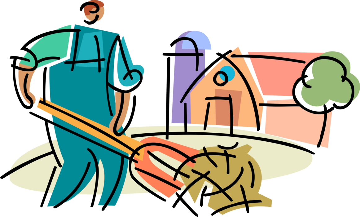 Vector Illustration of Farmer Bails Hay Crop with Pitchfork in Farm Field with Barn and Grain Silo