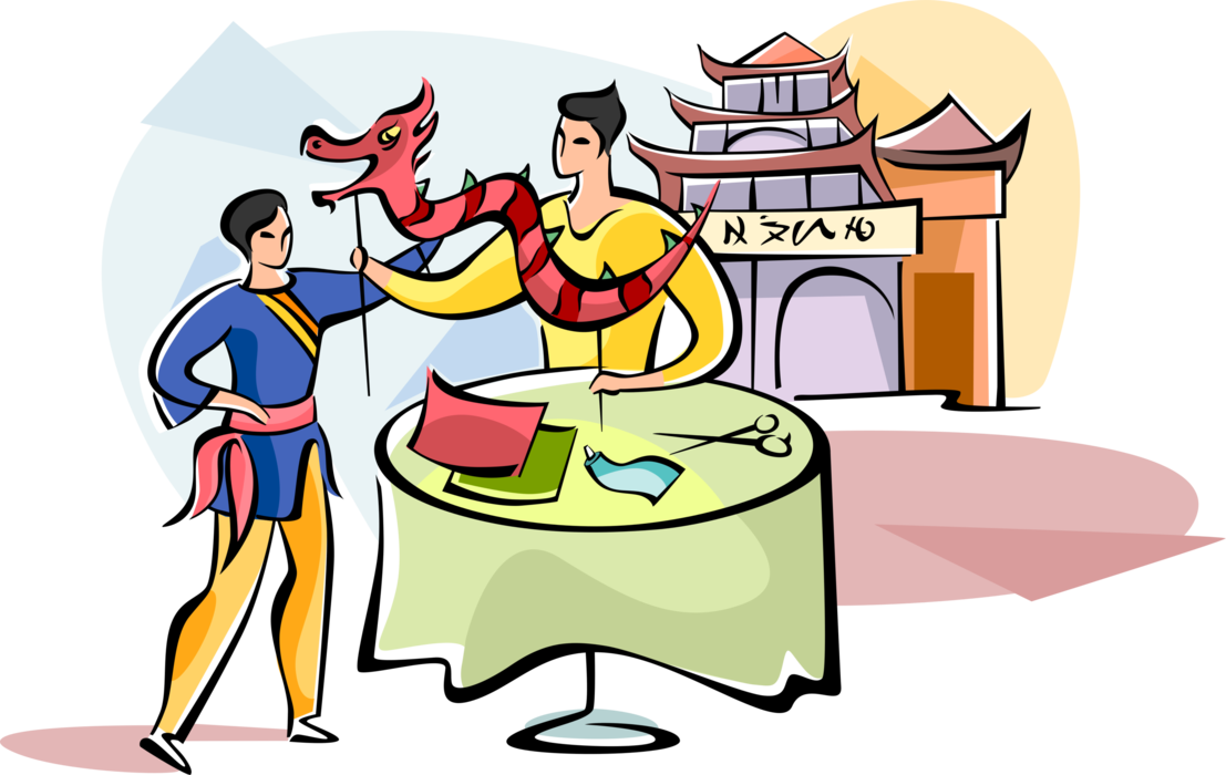Vector Illustration of Chinese Father Teaches Son Traditional Culture with Dragon Folklore Symbolizing Potent and Auspicious Powers