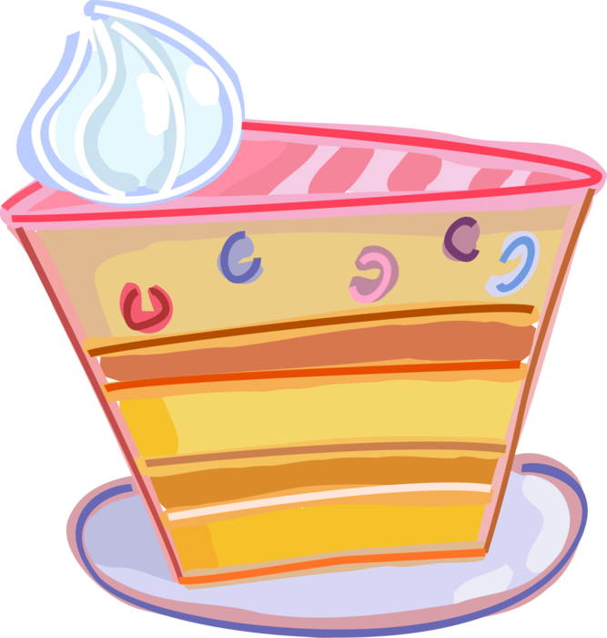 Vector Illustration of Slice of Baked Dessert Cake with Dollop of Whipped Cream