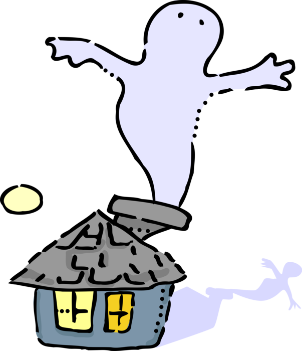 Vector Illustration of Halloween Goblin Ghost Phantom, Apparition, Spirit, Spook in House Chimney