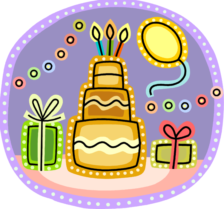 Vector Illustration of Sweet Dessert Baked Birthday Cake, Gift Wrapped Presents and Party Balloon