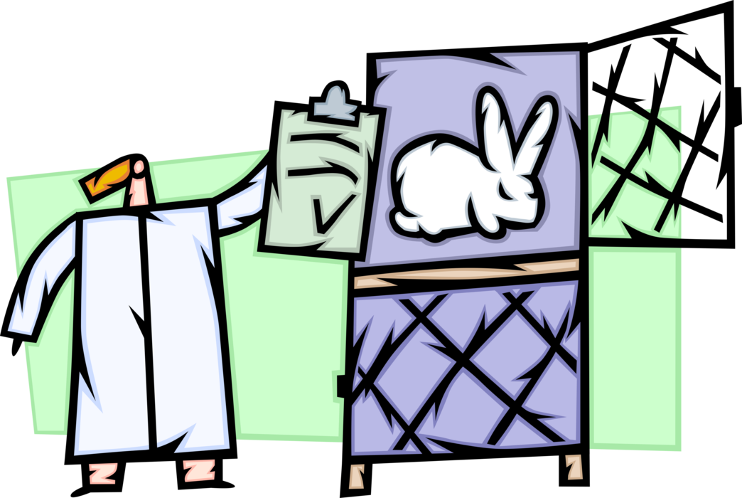 Vector Illustration of Animal Testing Research and Experimentation with Lab Rabbit and Scientist Conducting Experiment
