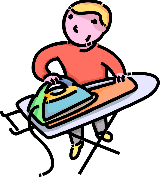 Vector Illustration of Primary or Elementary School Student Boy Irons Clothes on Ironing Board