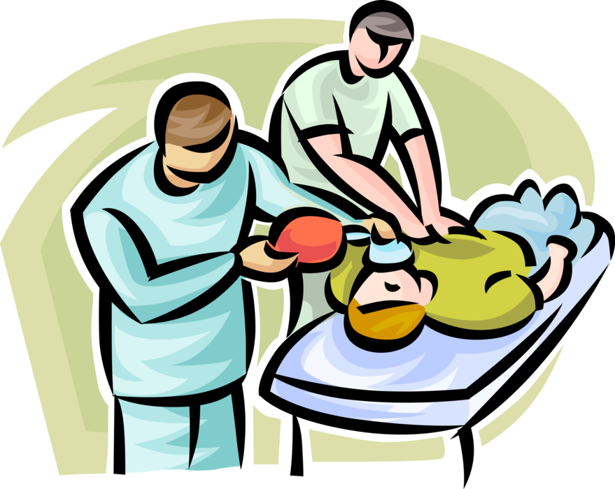 Vector Illustration of Health Care Professional Doctor Physicians Perform Cardiopulmonary Resuscitation CPR on Patient