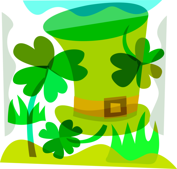 Vector Illustration of St Patrick's Day Irish Leprechaun Hat and Four-Leaf Clover Lucky Shamrocks