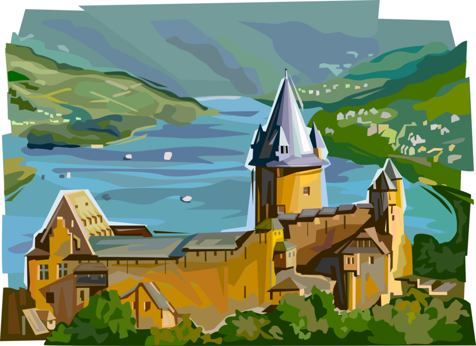 Vector Illustration of Stahleck Castle 12th-Century Fortified Castle, Rhine Valley, Germany