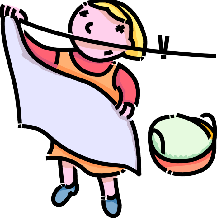 Vector Illustration of Primary or Elementary School Student Girl Helps Mom with Laundry Chores Hangs Clothes on Clothesline