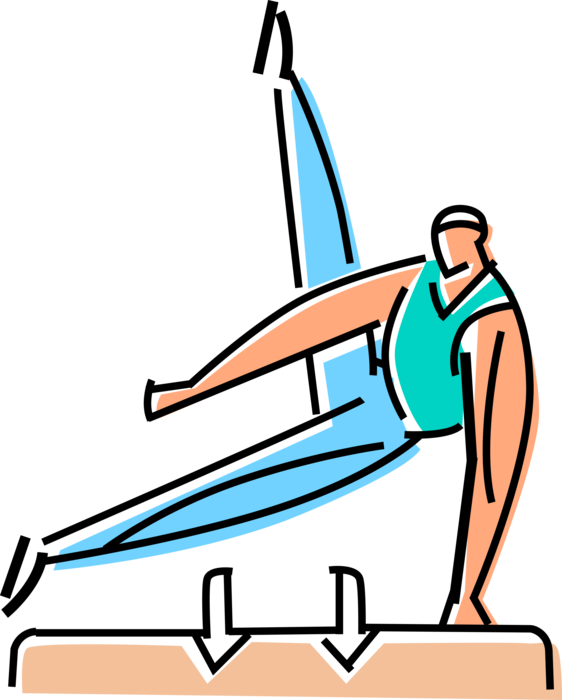 Vector Illustration of Gymnast Athlete Performs on Pommel Horse in Gymnastics Meet