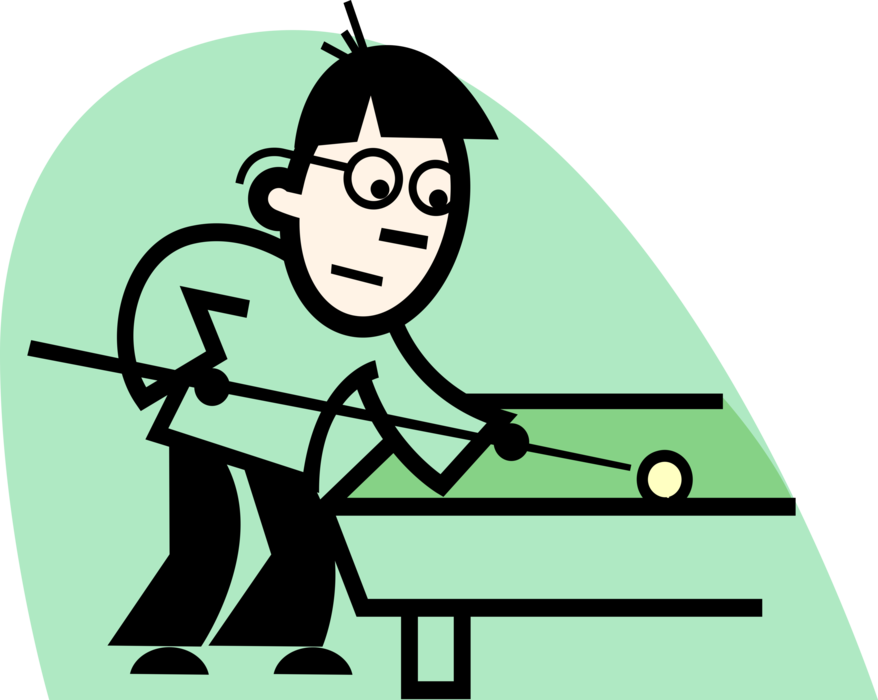 Vector Illustration of Sport of Billiards Pool Player Hits Cue Ball with Cue Stick During Snooker Game
