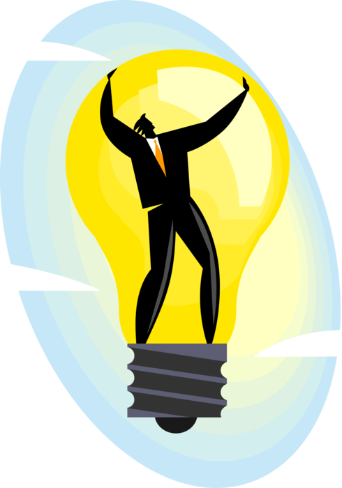 Vector Illustration of Businessman in Innovation, Invention and Good Ideas Electric Light Bulb