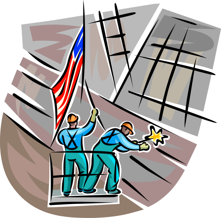 Vector Illustration of Ground Zero Workers at World Trade Center Raise American Flag in Tribute to Victims of Terrorism
