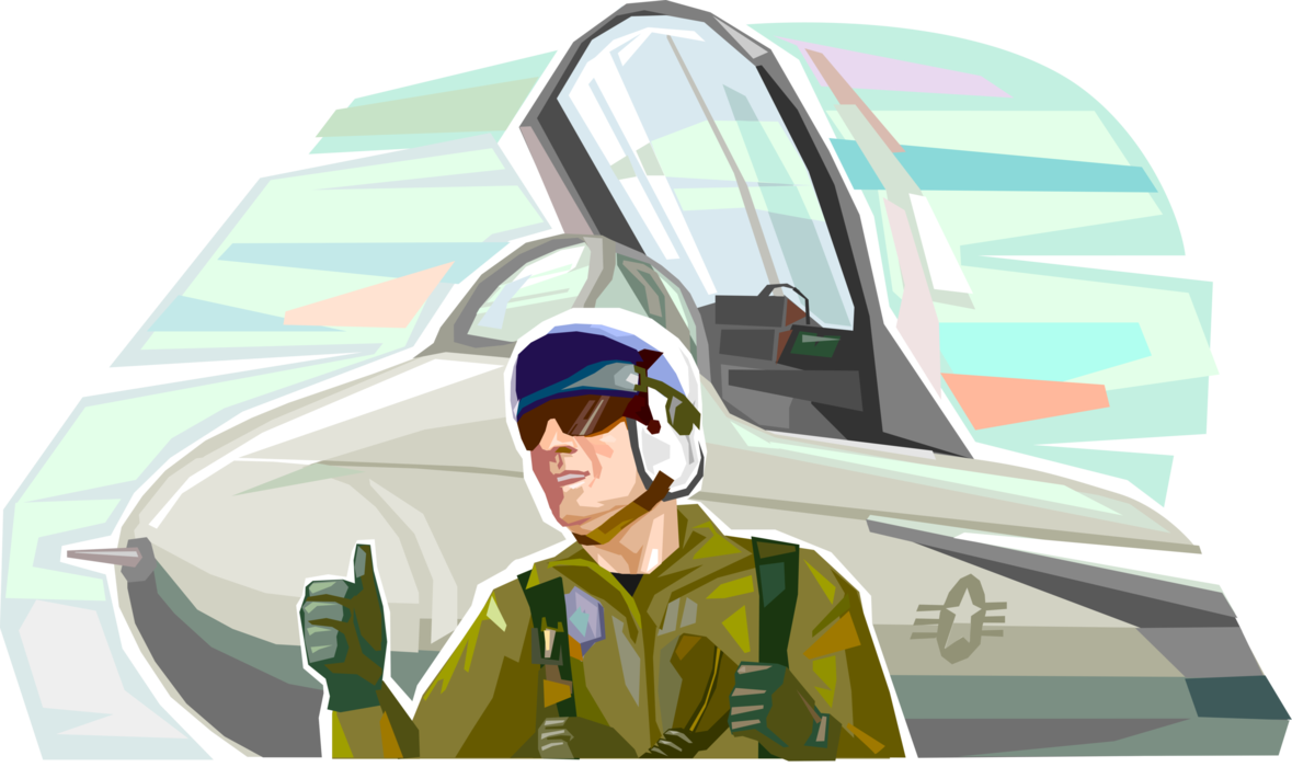 Vector Illustration of Air Force Pilot with Fighter Jet Gives Thumbs Up After Landing on Aircraft Carrier Warship
