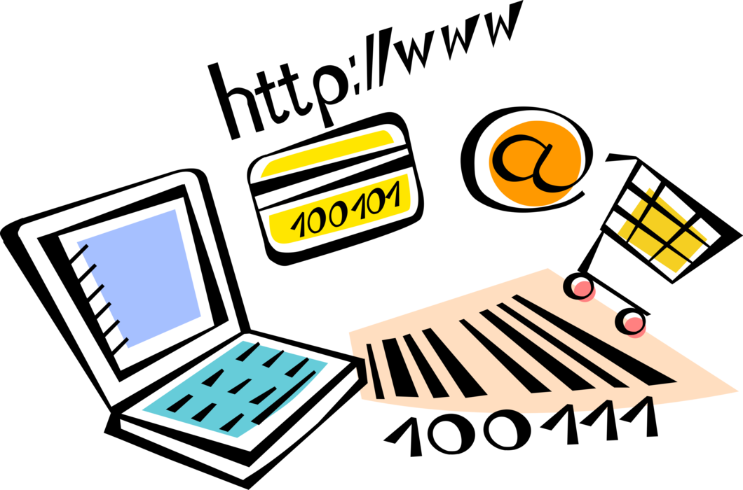 Vector Illustration of Ecommerce Online Internet Purchase Transactions with Credit Card, Barcode, Email, Shopping Cart