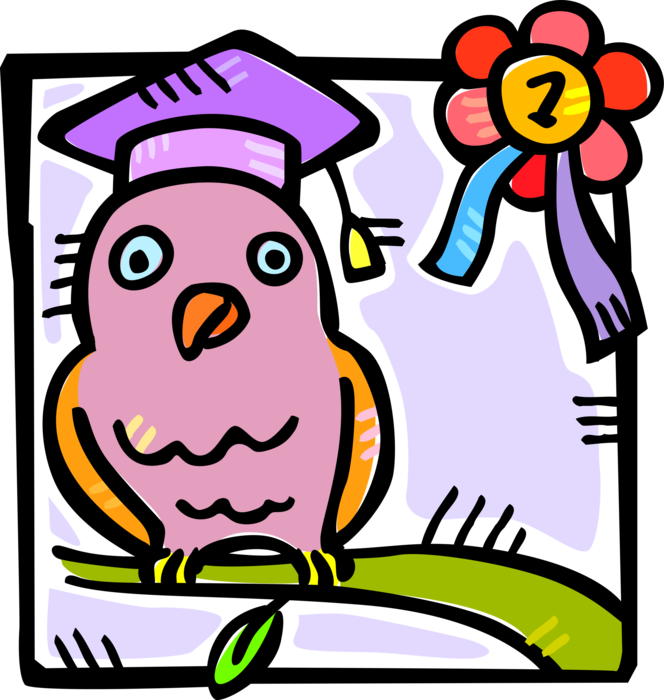 Vector Illustration of Wise Owl Idiom Symbol with Educational Mortarboard Cap and Graduation Degree Diploma