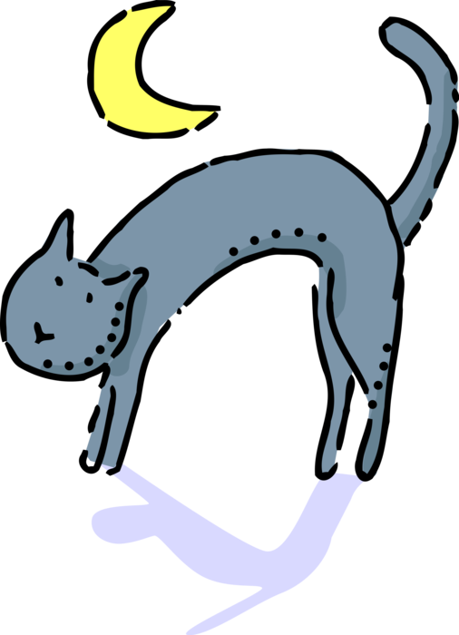 Vector Illustration of Halloween Black Cat Associated with Witchcraft, Ill Omens, and Death with Crescent Moon