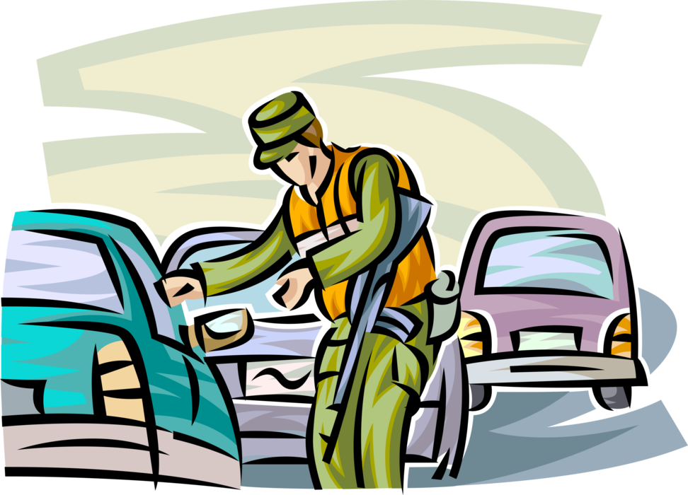 Vector Illustration of Heavily Armed National Guard Soldier Checks Automobile Motor Vehicles in Roadblock Search