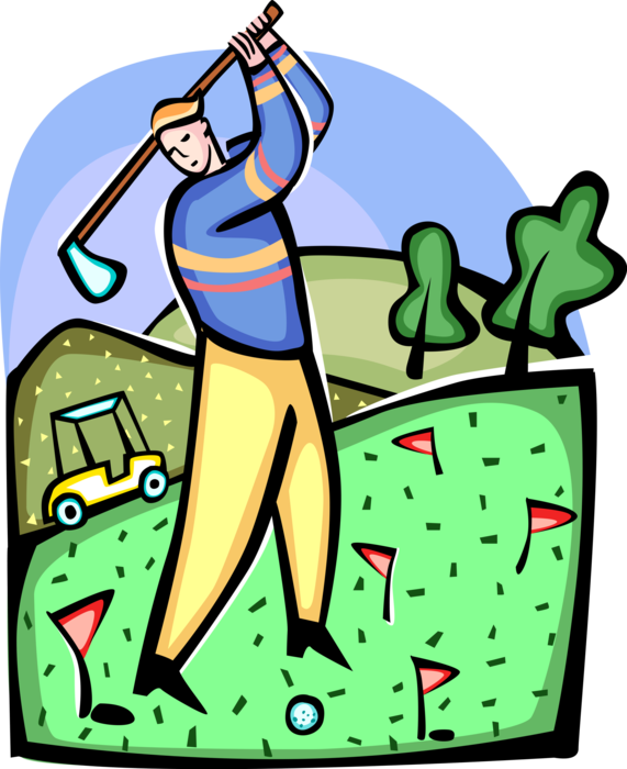 Vector Illustration of Sport of Golf Golfer Tees Off with Golf Club and Golf Cart During Golfing Round