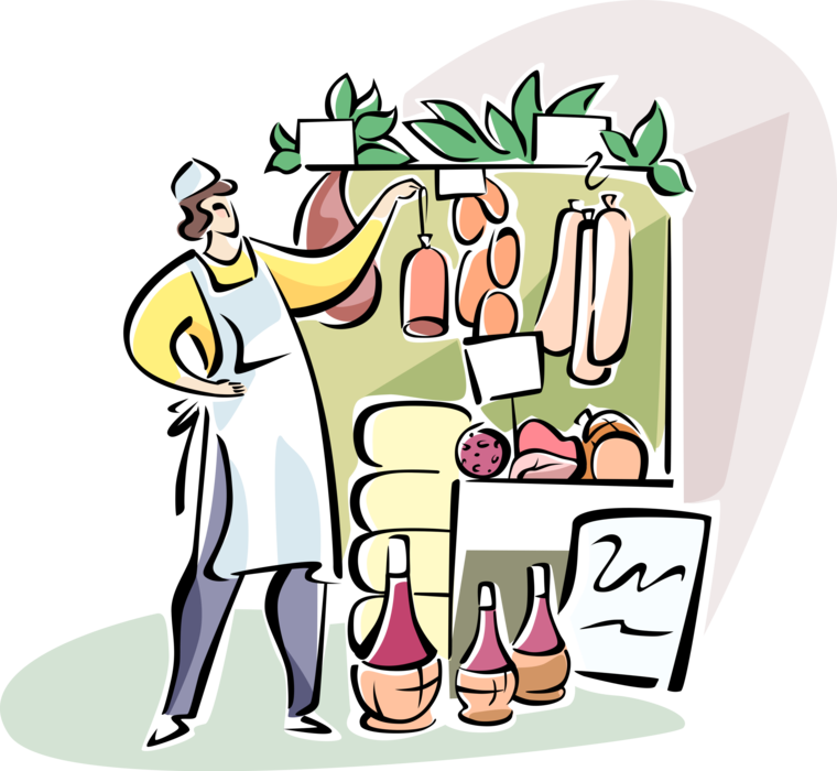 Vector Illustration of Italian Delicatessen Storekeeper Vendor with Fresh Foods, Cheese and Wine