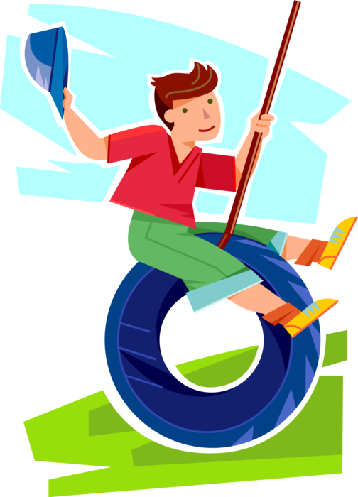 Vector Illustration of Young Boy Swings on Tire Swing Outdoors Hanging from Tree Branch in Yard