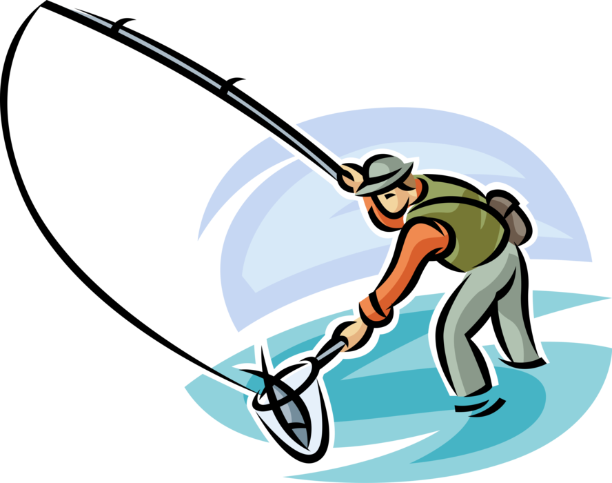 Vector Illustration of Sport Fisherman Angler Catches Fish in Net with Fishing Rod