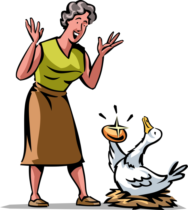 Vector Illustration of Excited Businesswoman Overjoyed with Goose Laying Golden Nest Egg in Bird's Nest