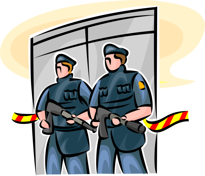 Vector Illustration of Heavily Armed Law Enforcement Security Guards Protect and Serve Travelling Public at Airport