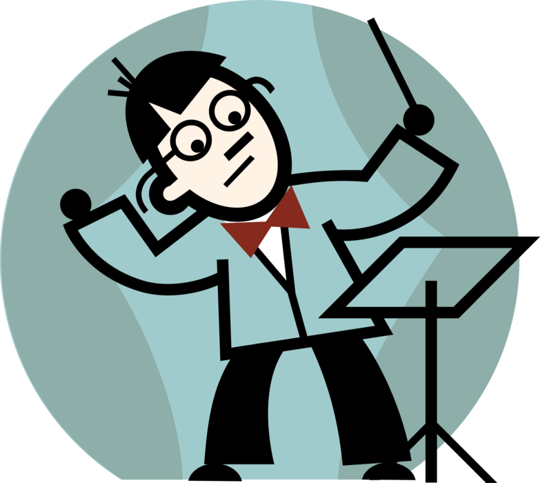 Vector Illustration of Orchestra Maestro Conductor Conducts Symphony Orchestral Musicians with Baton