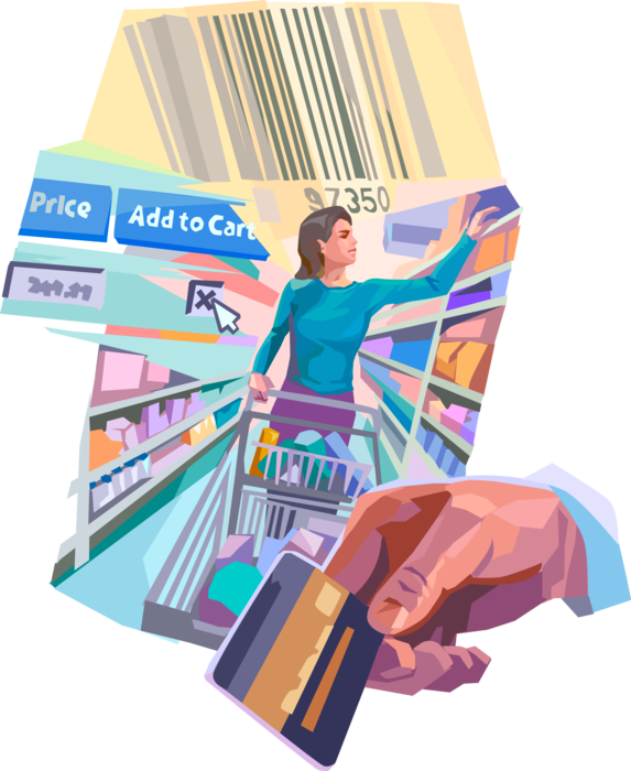 Vector Illustration of Shopper with Grocery Shopping in Grocery Store with UPC Barcode and Credit Card