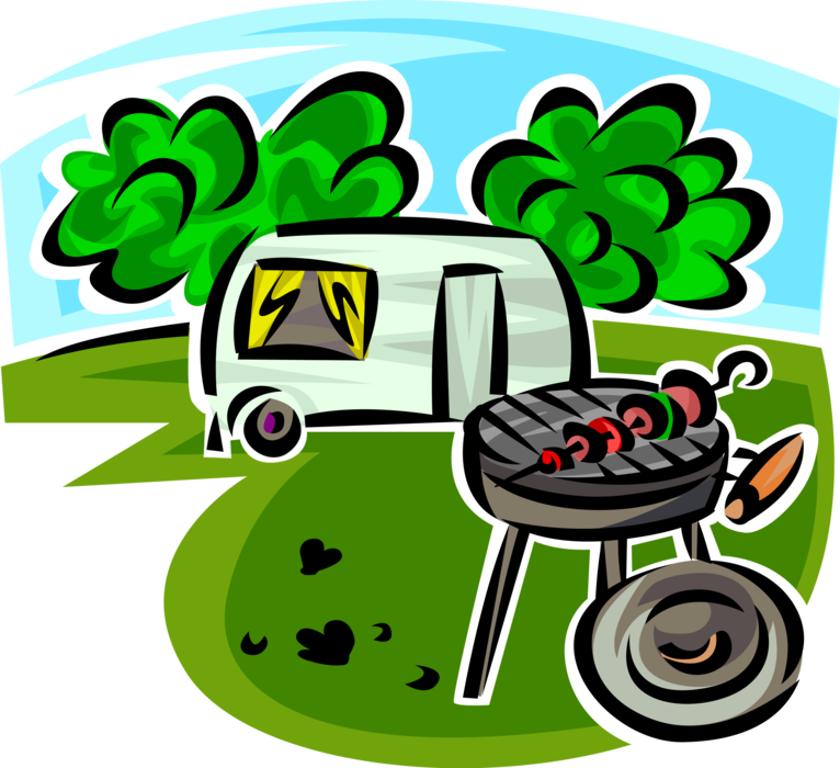 Vector Illustration of Barbecue, Barbeque or BBQ Outdoor Cooking Grill and Camping Trailer at Campground