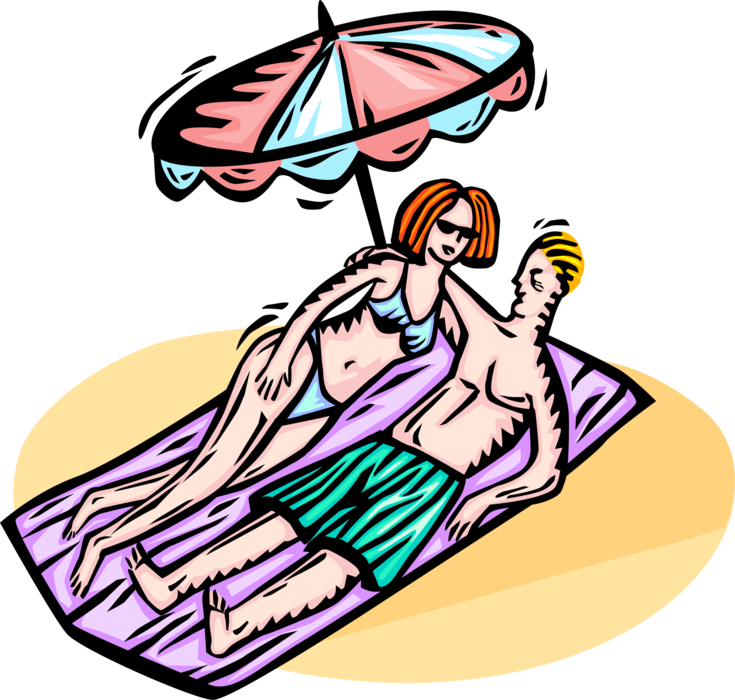 Vector Illustration of Romantic Couple Get Close Tanning on Beach with Blanket and Umbrella