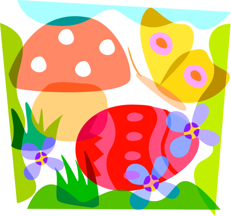 Vector Illustration of Colored Decorated Easter Eggs with Toadstool Mushroom, Butterfly, Spring Flower Blossoms