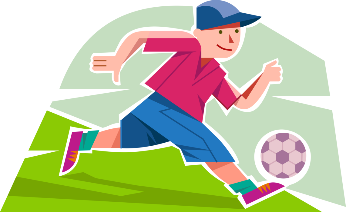 Vector Illustration of Young Adolescent Boy Soccer Football Player Dribbles Ball During Game on Pitch
