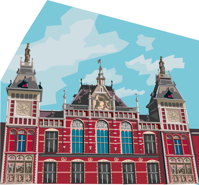 Vector Illustration of Central Centraal Station in Amsterdam, Holland, The Netherlands