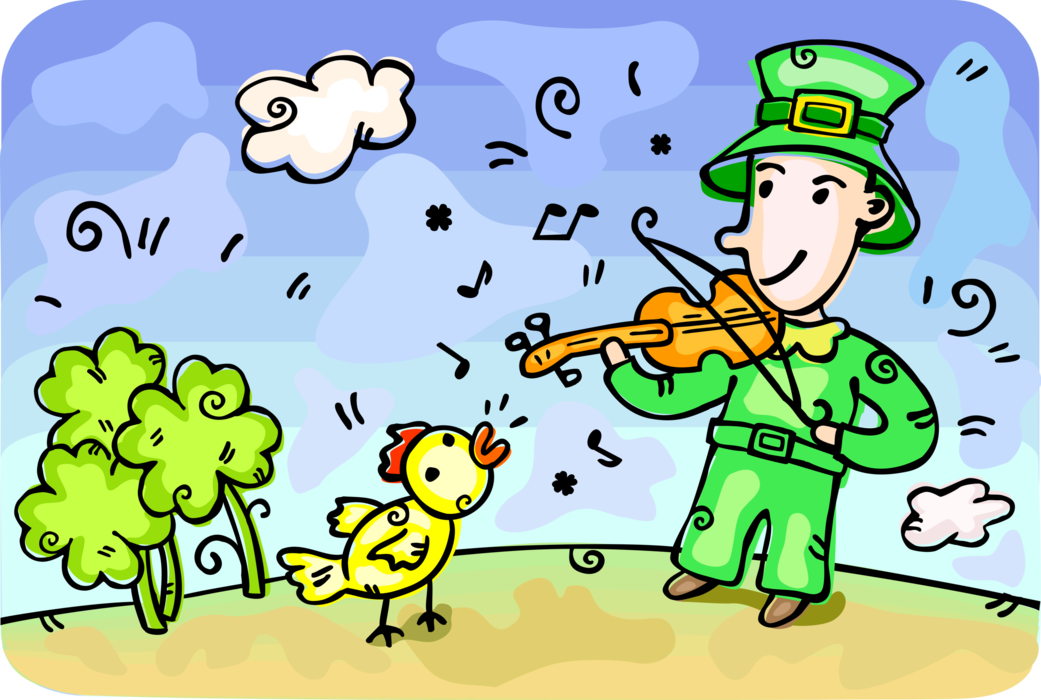 Vector Illustration of St Patrick's Day Irish Leprechaun Fairy in Irish Folklore Plays Fiddle Violin Musical Instrument