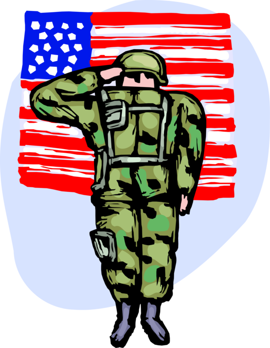 Vector Illustration of Heavily Armed United States Military Soldier Stands at Attention Saluting with American Flag