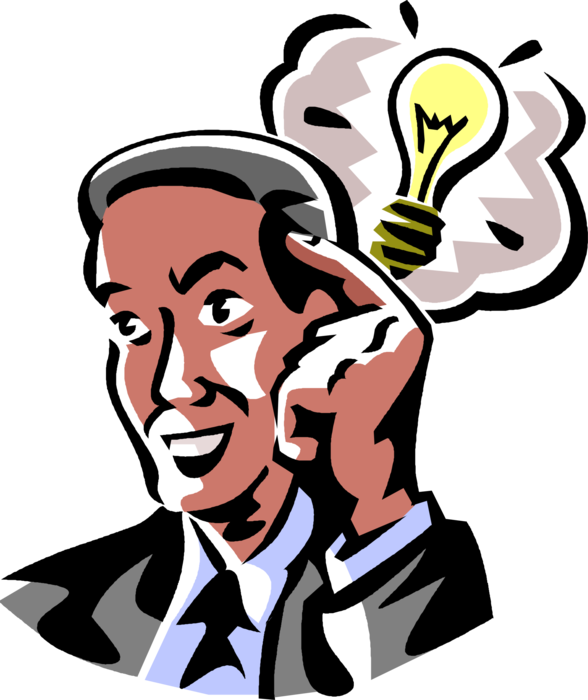 Vector Illustration of Inspired Businessman Gets Good Idea with Electric Light Bulb Thought Bubble
