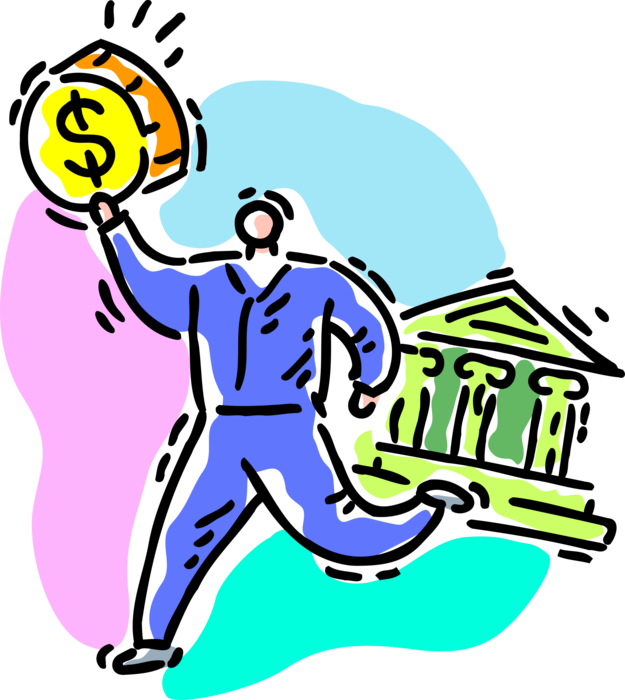 Vector Illustration of Banking Services Customer Client Withdraws Cash Money Dollars from Bank