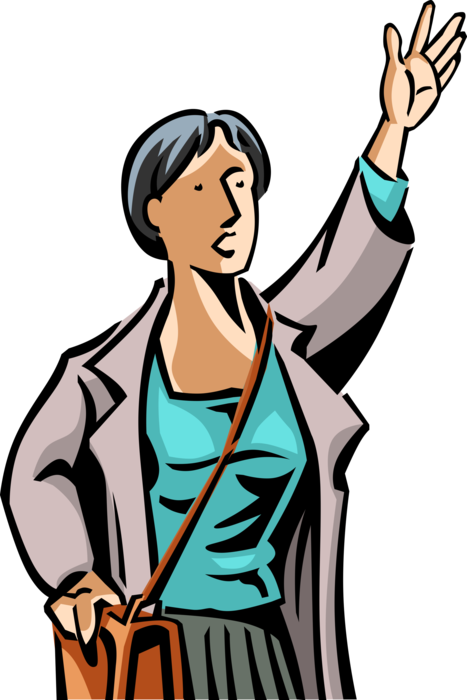 Vector Illustration of Businesswoman Commuter with Briefcase Hails Taxi or Bus Transportation