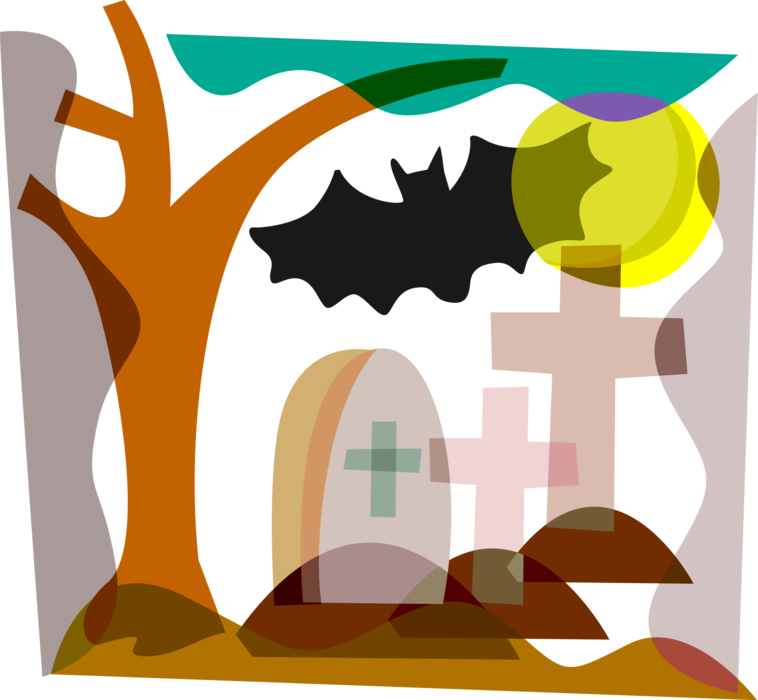 Vector Illustration of Halloween Bloodsucking Vampire Bat in Graveyard with Tombstone Graves and Full Moon