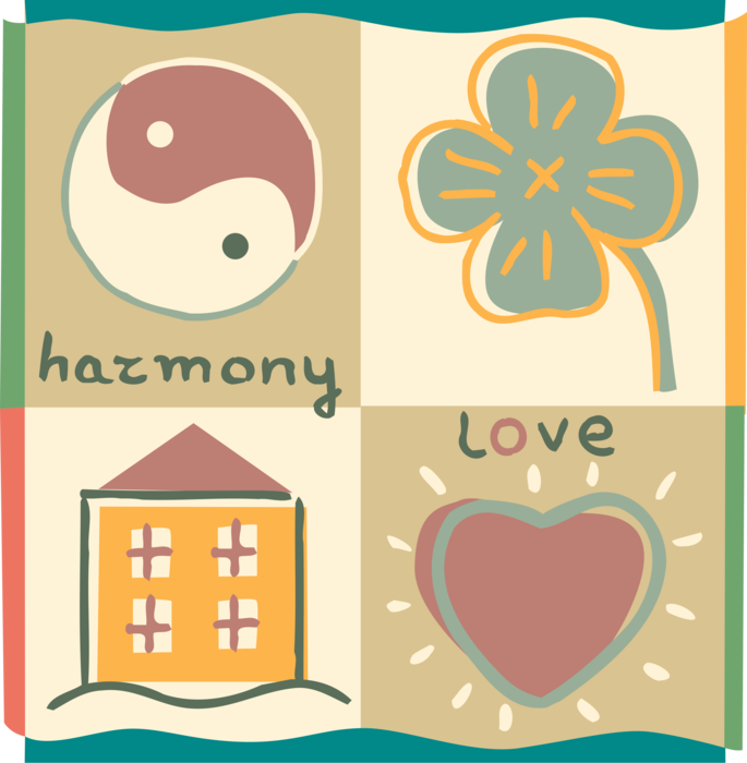 Vector Illustration of Love and Harmony Combine with Yin and Yang Opposite Yet Complementary Forces, Shamrock, Heart