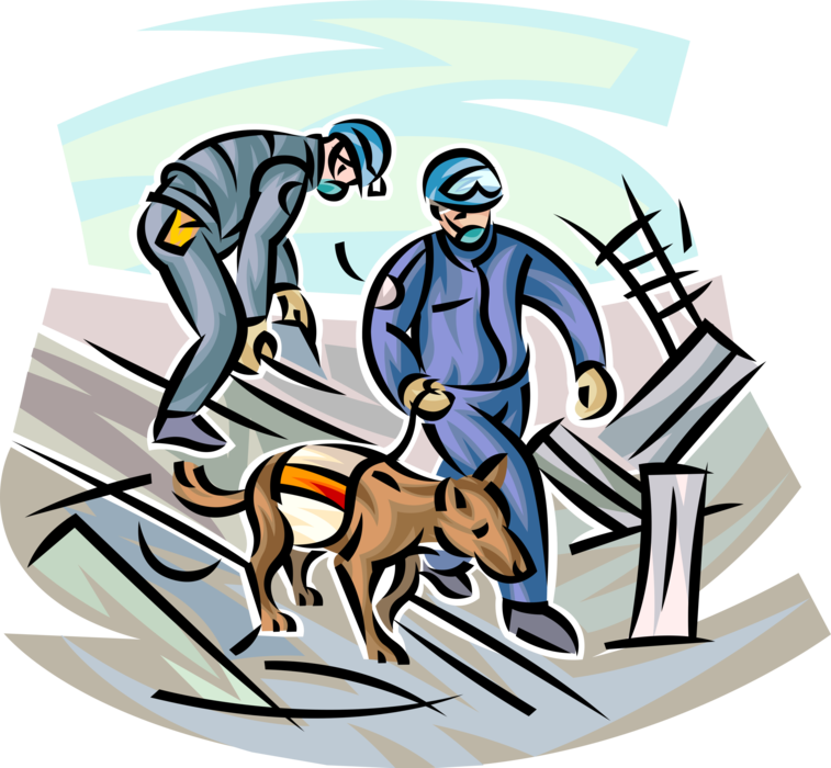 Vector Illustration of Emergency Rescue Workers Search Earthquake Disaster Building Collapse with Canine Dog