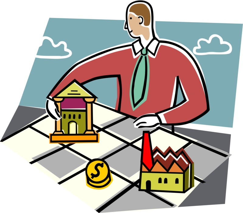 Vector Illustration of Business Finance Manager with Banking Institution Bank Loan for Industrial Manufacturing Factory