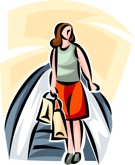Vector Illustration of Shopper Rides Escalator Stairs While Shopping in Retail Mall
