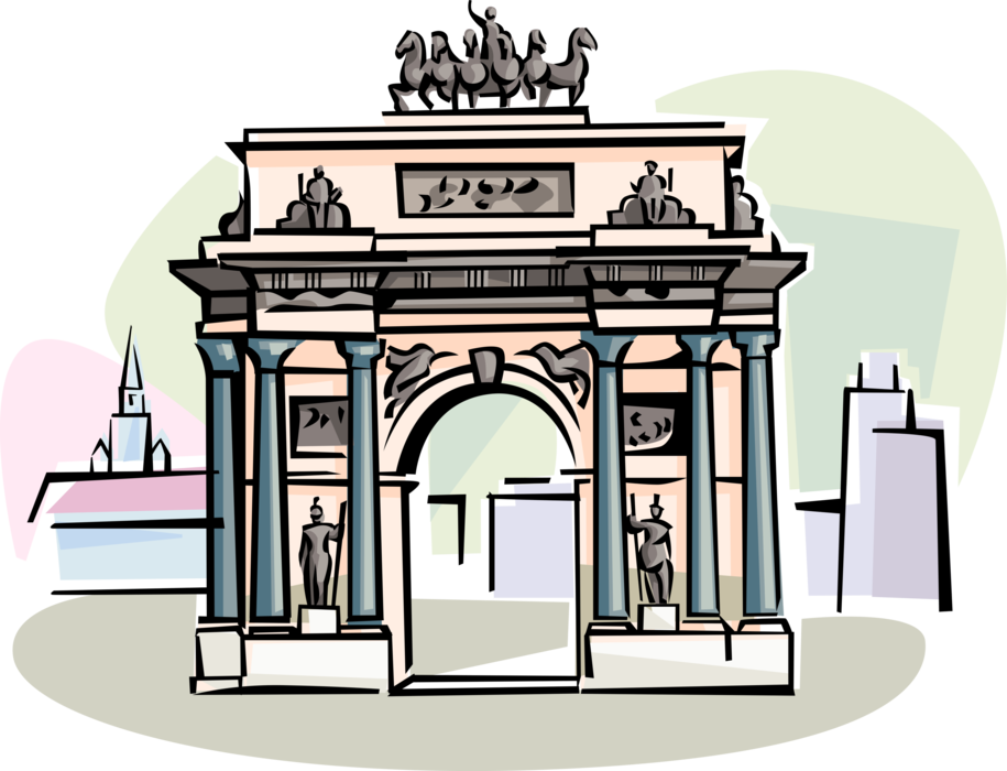 Vector Illustration of Triumphal Arch Celebrates Russian Victory over Napoleon, Moscow, Russia