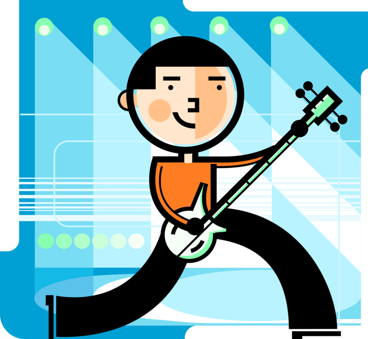 Vector Illustration of Rock Musician Plays Electric Bass Guitar Musical Instrument on Stage in Band