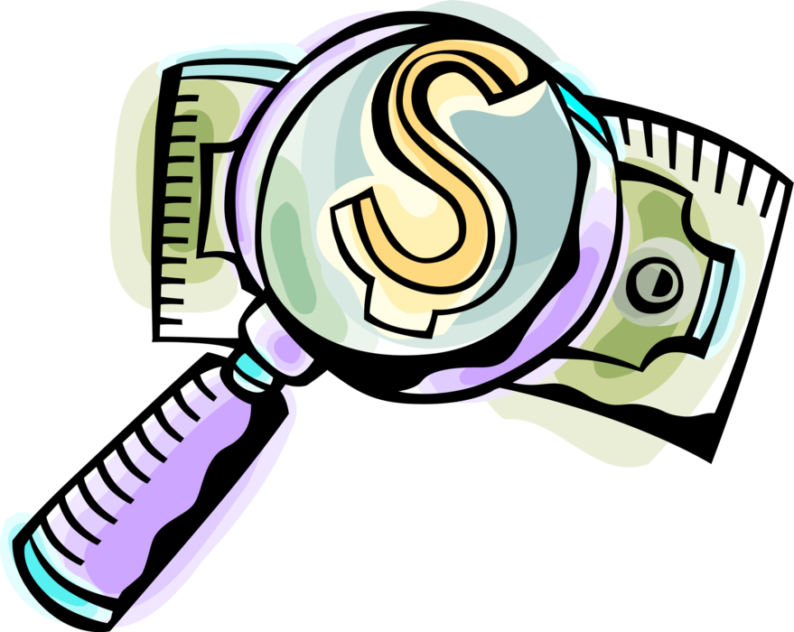 Vector Illustration of Magnification Through Convex Lens Magnifying Glass of Cash Money Dollar