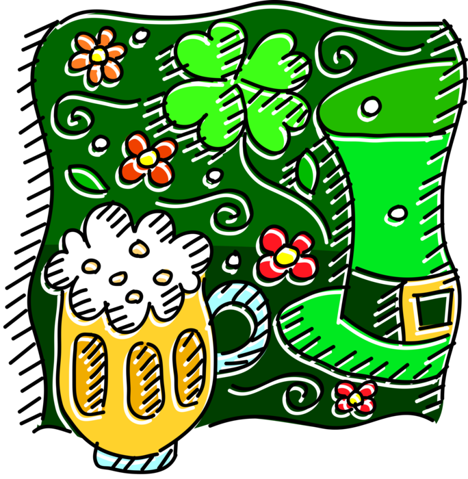 Vector Illustration of St Patrick's Day Irish Leprechaun Hat with Four-Leaf Clover Lucky Shamrock and Beer Mug