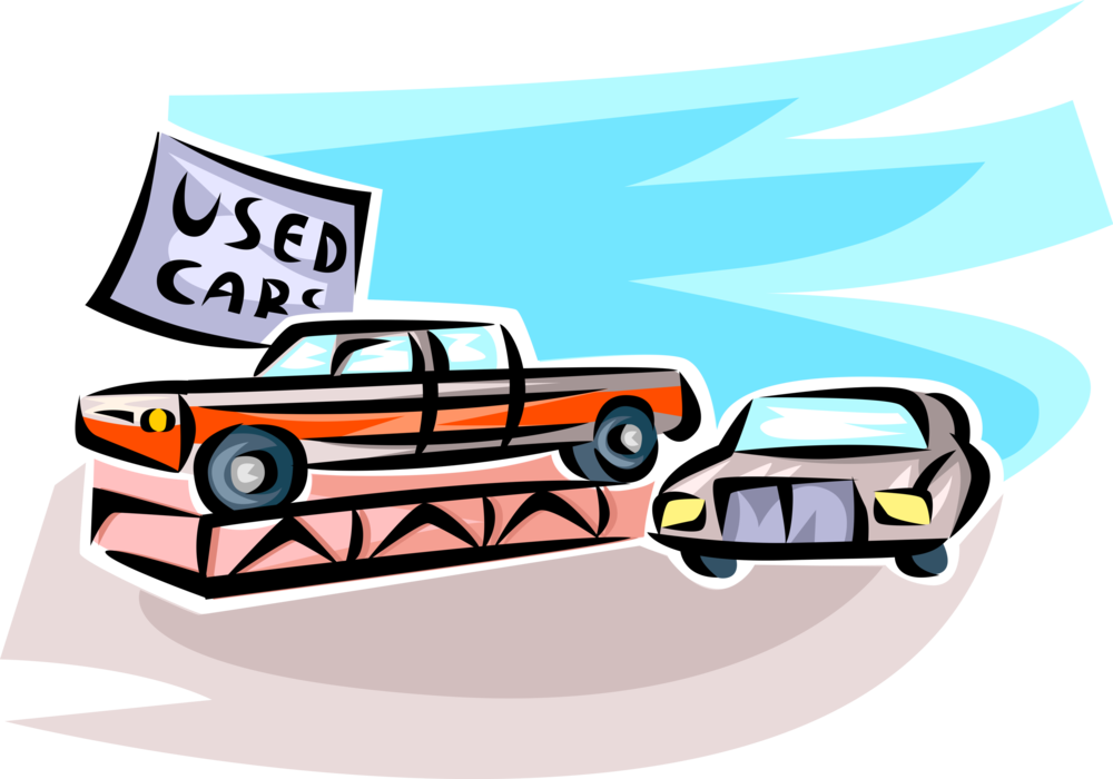 Vector Illustration of Automobile used Car Sales Lot with Motor Vehicle Cars
