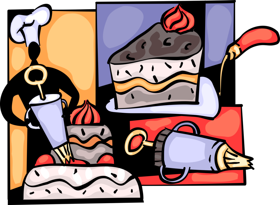Vector Illustration of Pastry Chef Decorates Baked Dessert Sweet Cakes and Pastries