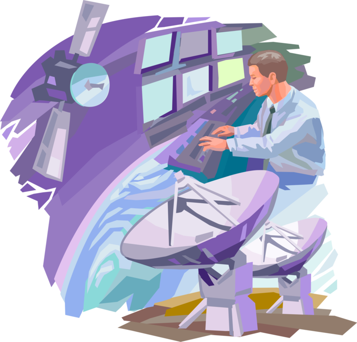 Vector Illustration of Aerospace Worker Aligns Satellite Dish Parabolic Antenna with Space Communications Satellite